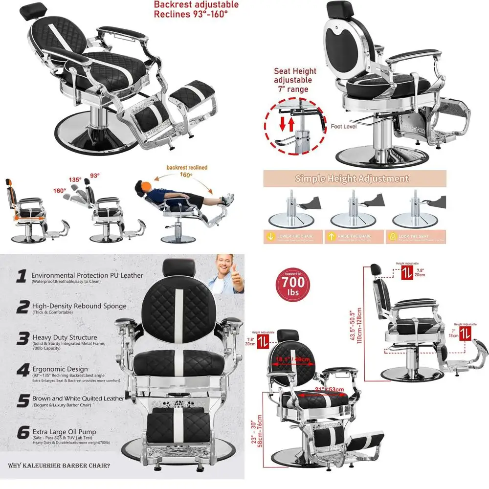 

Stylish Quilted Leather Barber Chair with Chrome Trim - Heavy Duty Salon Equipment for Home or Tattoo Studio