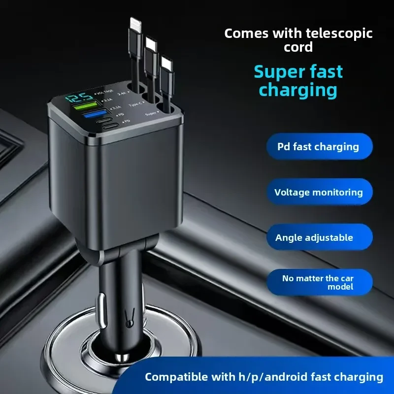 

Retractable Car Charger, 7-in-1 PD Fast Charging, 3-Port Extendable Cable Adapter for iPhone Huawei Samsung All Phones