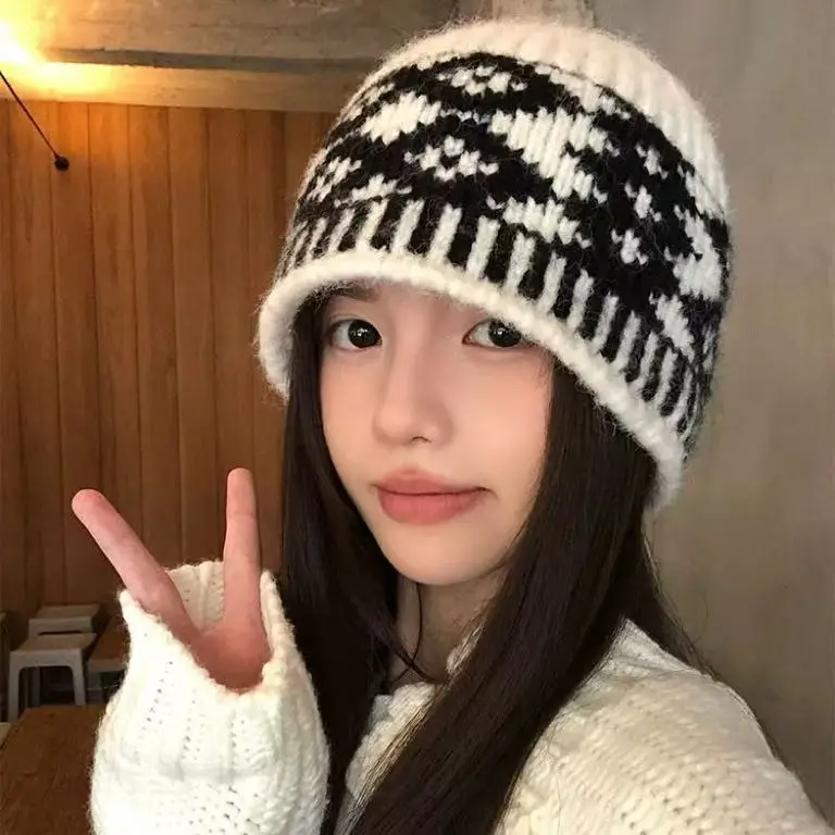 

Women's Plaid Wool Knit Hat, Autumn and Winter, Unique Designer Style, Warm Beanie for Cold Weather