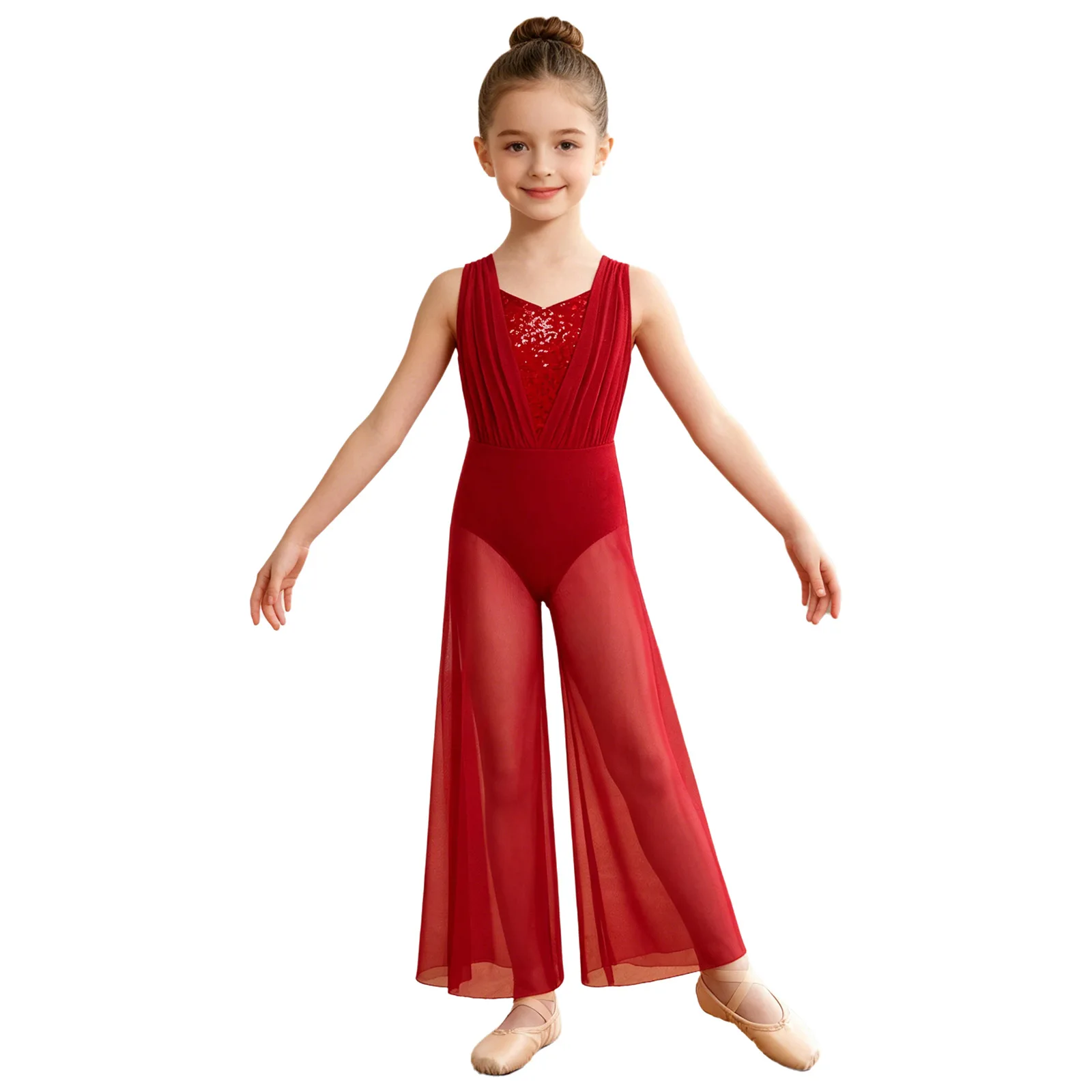 Girls Modern Lyrical Dance Leotard Sleeveless Sparkly Sequin Wide-Leg Jumpsuit Ballet Skating Gymnastics Contemporary Dancewear