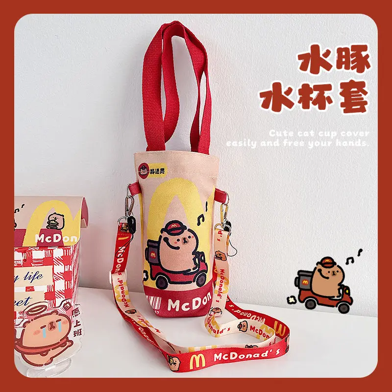 Cartoon Capybara Kapibara  Kawaii Cup Cover Tote Bag Student Outdoor Water Bottle Bags With Lanyard Belt Crossbody Bags Handbag