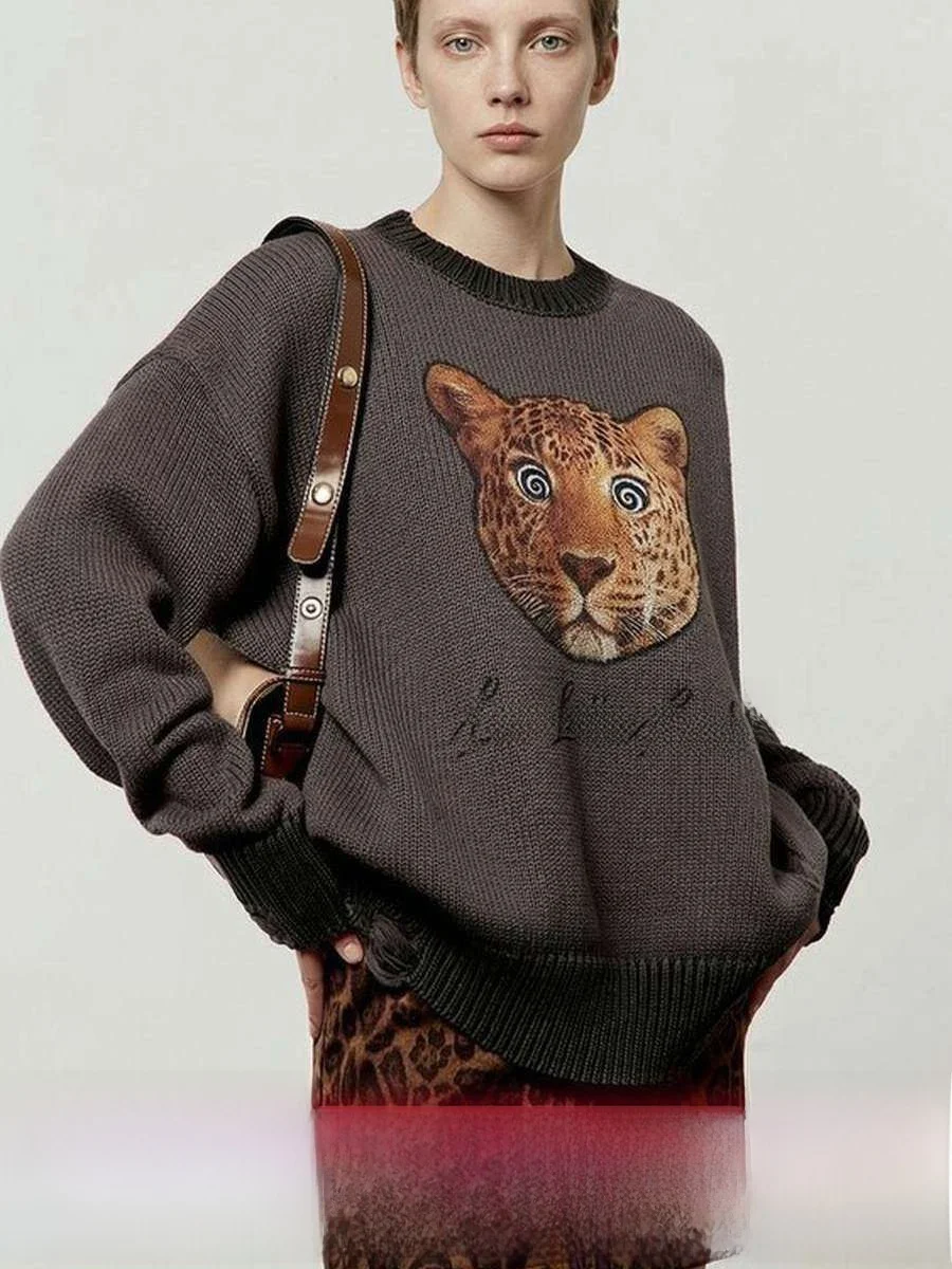 

ay Knitted Loose Women's Sweater Spring New Sle Retro Dizzy Leopard Print Casual Long Sve round Ne ort Length