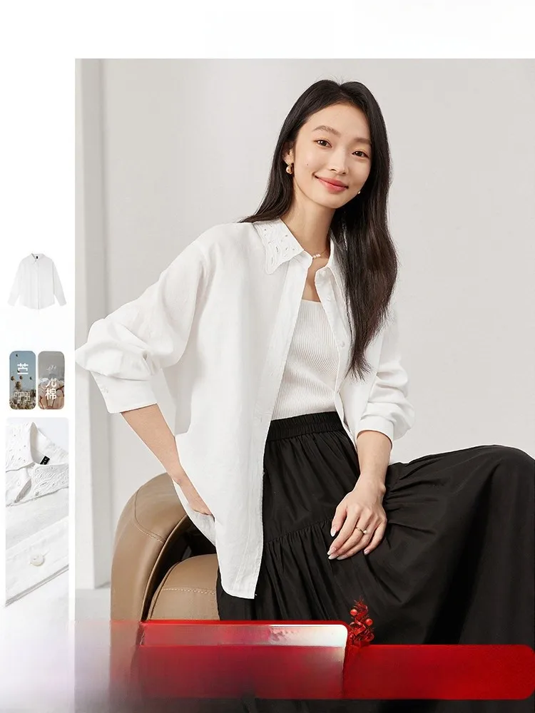 

Женская свободная блузка с кружевным вышитым воротником и длинными рукавами, повседневная, из льняно-хлопковой смеси, осенняя новинка