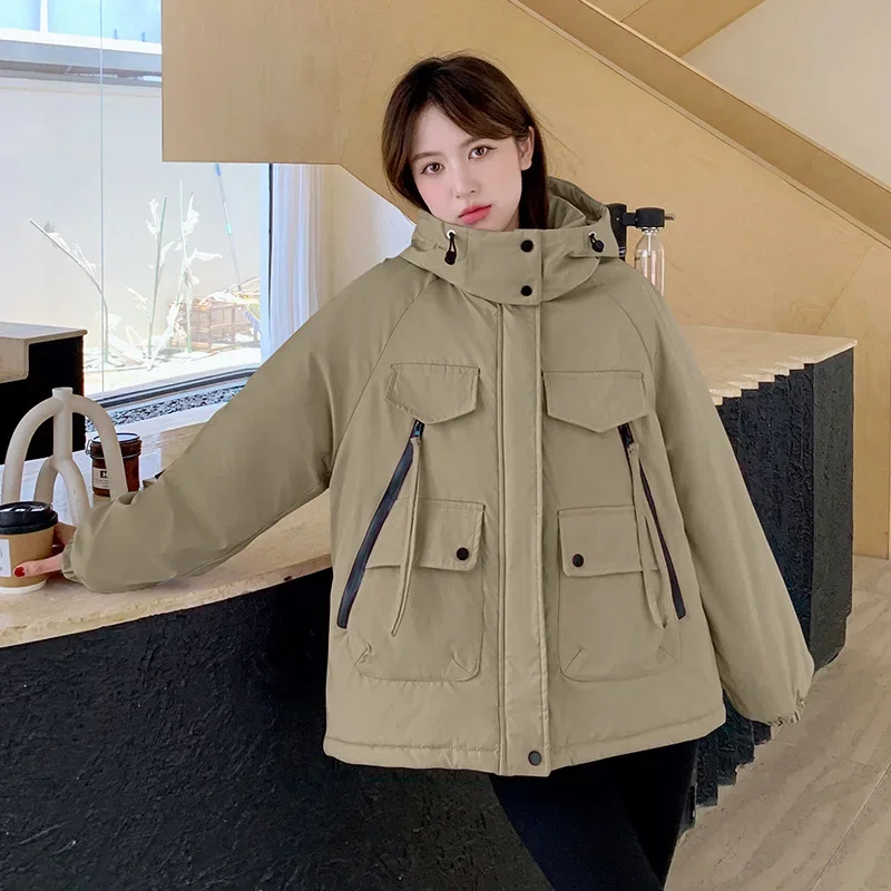 Workwear Cotton Jacket Women's 2024 Winter New Hooded Casual Plush Thick Coat