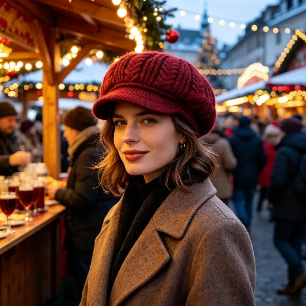Stylish Headwear for Winter Commute Winter Knitted Hat for Women Winter Knitted Peaked Cap with Visor Women’s Fleece Lined