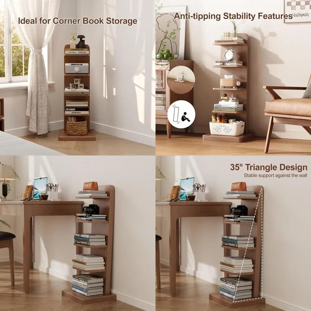 

Mid-Century 5-Tier Ladder Bookshelf for Small Spaces: Freestanding, Anti-Tip, Thickened Base, Ideal for Living Room or Office