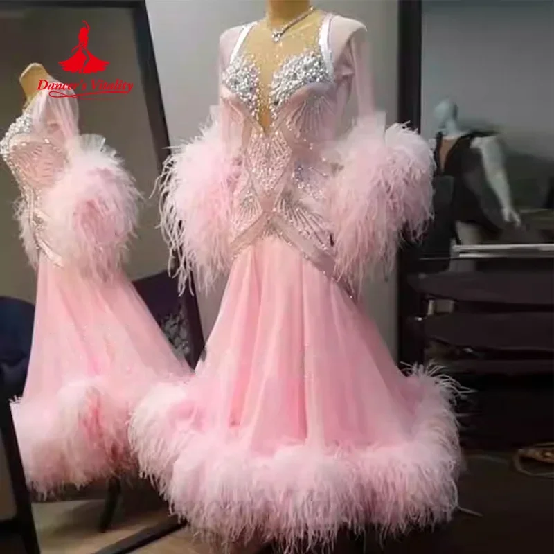 

Новая одежда для соревнований по бальным танцам, высококачественные роскошные платья со стразами и перьями, костюмы для вальса, танго