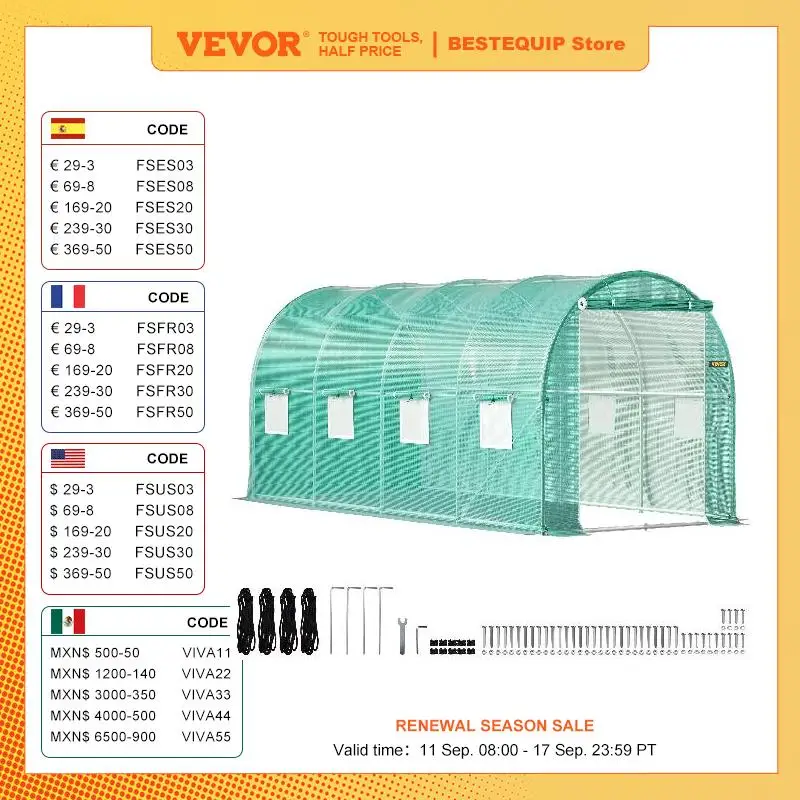 VEVOR Walk-in Tunnel Greenhouse Galvanized Frame & Waterproof Cover 15x7x7/10x7x7/20x10x7/12x7x7 ft Greenhouses & Cold Frames