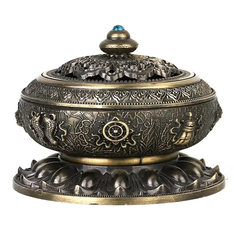 Tibetan Household Incense Burner for Buddha Pure Copper Color Eight Auspicious Lotus Plate Trumpet