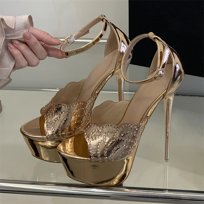 Aneikeh Champagne Nightclub Sexy Diamond High Heels Women Sandals Fashion Pole Dance Platform Open Toe Buckle Strap Party Shoes