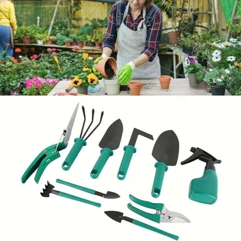 1Set Garden Tool Set Metal Plastic Non Electric with Suitcase 10pcs Pruning Rake Shovel Spatula Sprayer Non Slip Rubber Grip