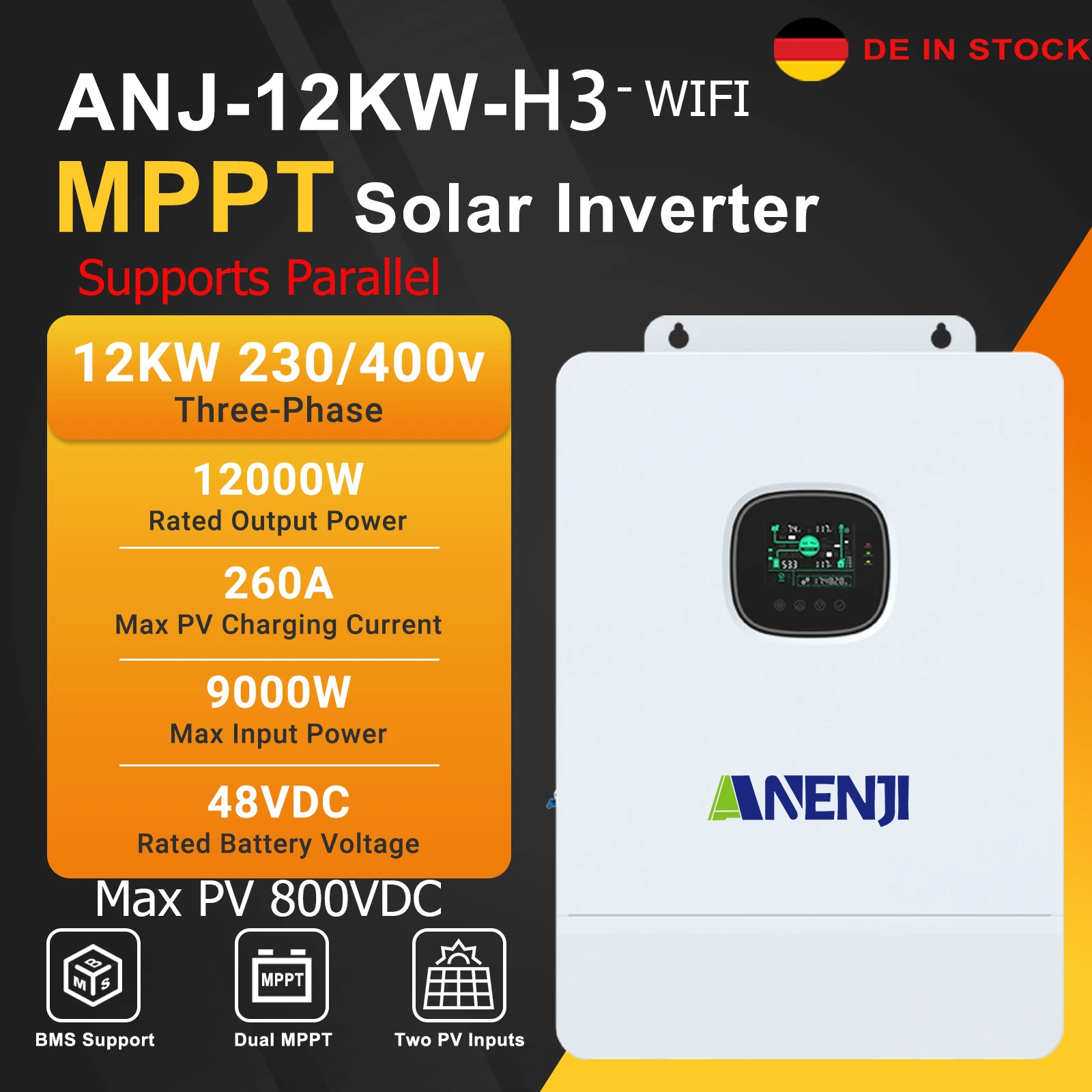 12KW 48V Hybrid Solar Inverter Parallel Three-Phase Pure Sine 48V To 220V/400V Dual MPPT 260A Solar Charge Controller PV 800VDC