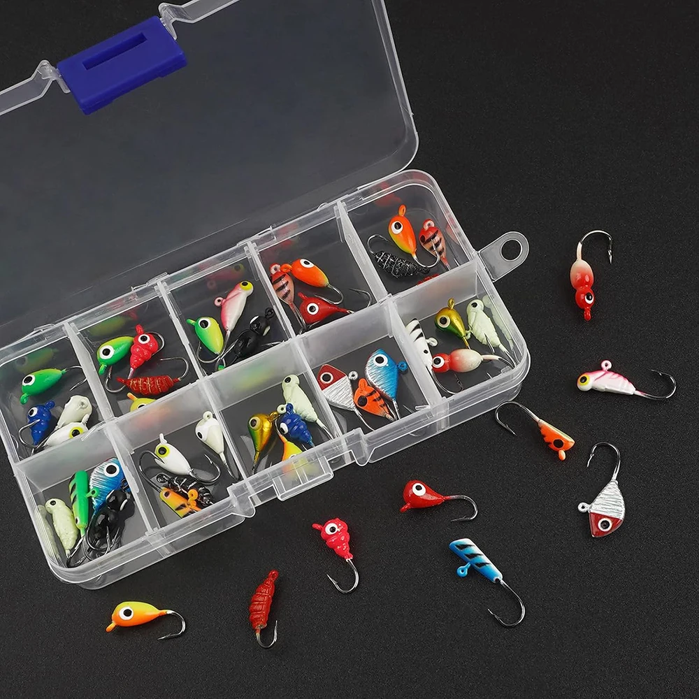 

24pcs/48pcs Ice Fishing jigs Luminous Small Jig Head Hook Winter Glow Ice Fishing Lures for Panfish Crappie Perch Trout Bluegill