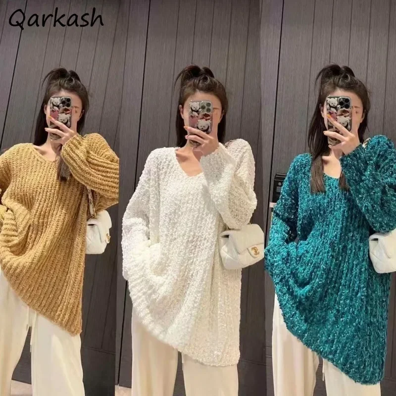 

Baggy Sweater Pullovers Women V-neck Lazy Autumn Fashion Harajuku Soft Knitted All-match Streetwear Casual Sueter Mujer Classic