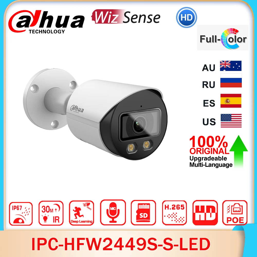 Dahua Original IPC-HFW2449S-S-LED 4MP Lite Full-Color Bullet Wizsense Network IP Camera Built-in MIC SD Slot POE IP67 SMD Plus