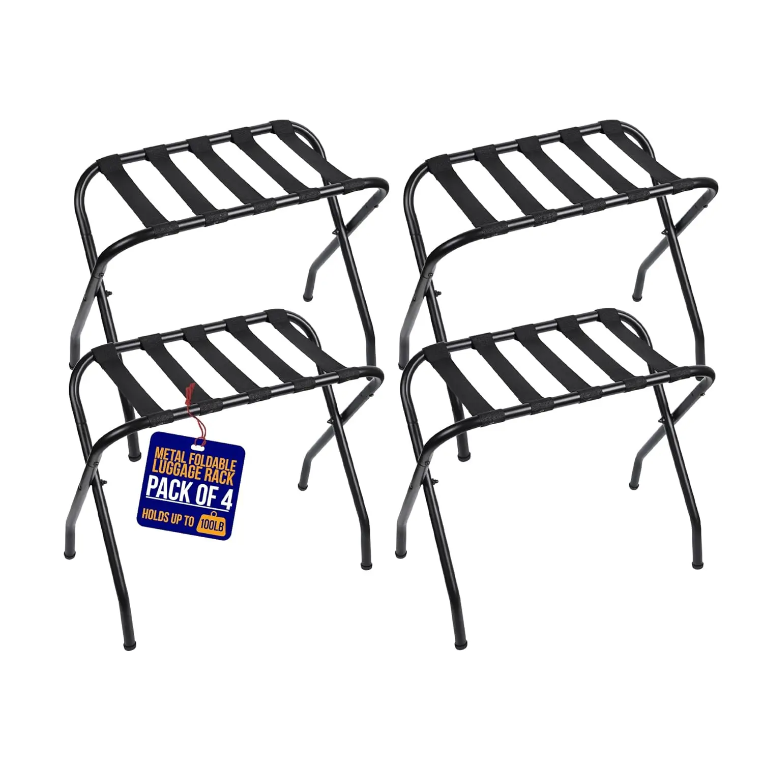 

Foldable Steel Luggage Rack Set of 4 - Easy Assembly, Space Saving, Heavy Duty with Nylon Straps