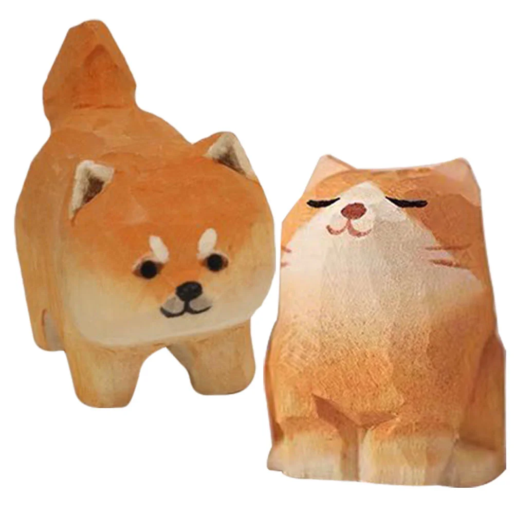 

2 Pcs Orange Cat Shiba Inu Ornament Dog Figures Wooden Decorations Ornaments Figurines Statue The