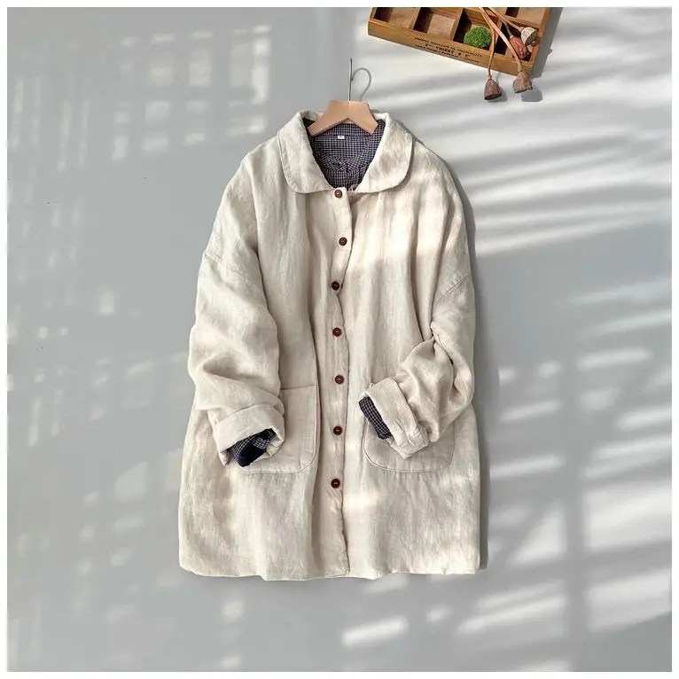 Original Single Solid Color Linen Padded Thickened Women's Medium and Long Simple Winter Cotton-padded Clothes Warm Jacket