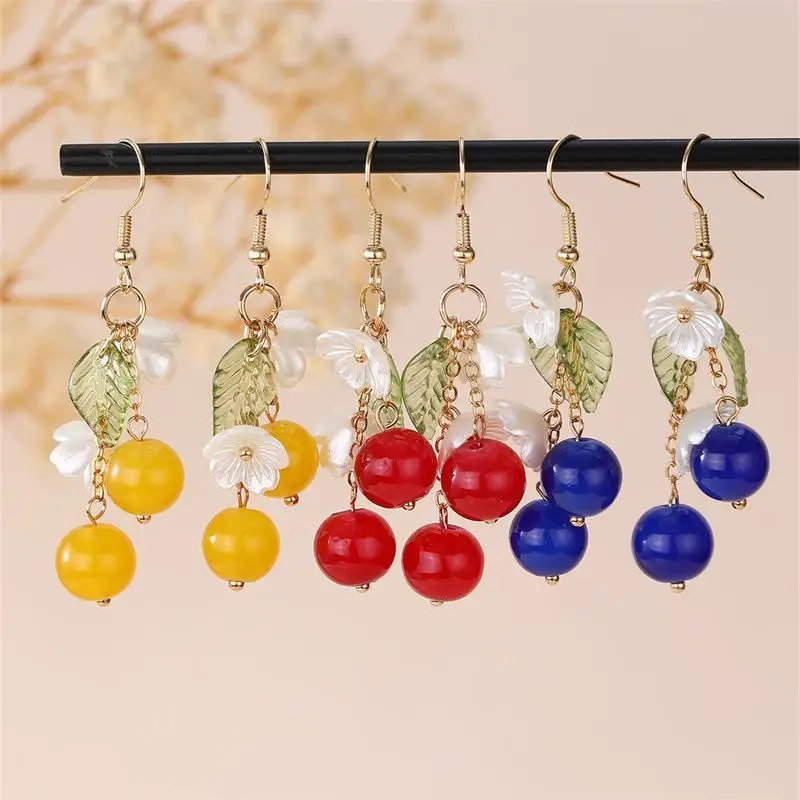 Cute Cherry Dangle Earrings with White Flower Green Leaf Design Delicate Jewelry for Women Vacation Travel Daily Wear