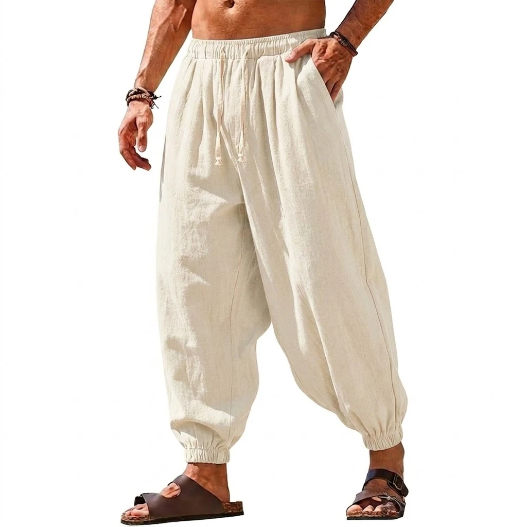 Korean Harem Linen Pants Man Sport Trouser Men Solid Beach Joggers Sweatpants Hiking Male Gym Man Casual Summer Baggy Work Pants
