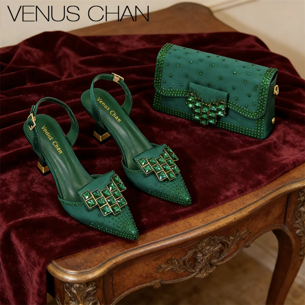 Nigerian Heel Party for Women Shoes and Bag Set Green Colour Rhinestone Handbag Italian Design Wedding INS 2026