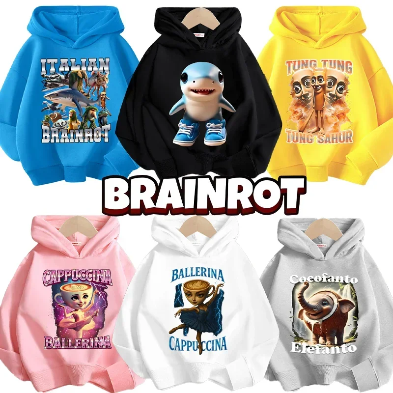 Italian Brainrot Kinder-Kapuzenpullover, lustige Cartoon-Grafik, dünne Sweatshirts, Tung Tungtung Sahur Casuals, lange Ärmel, Oberteile, Jungenkleidung