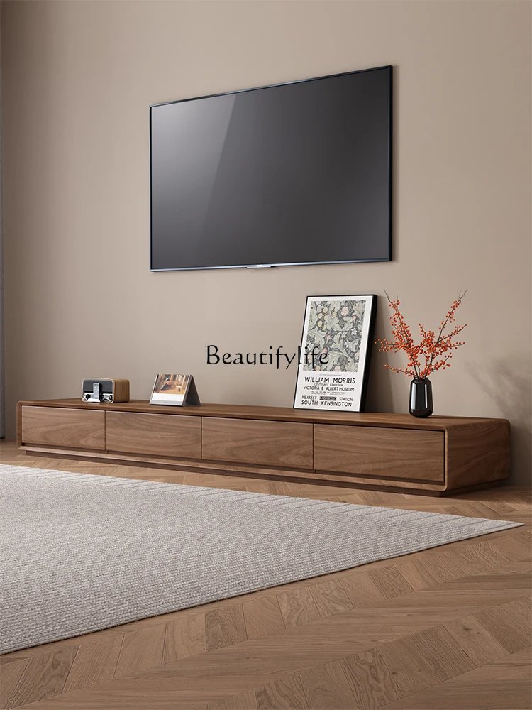 

Floor Solid Wood Small Apartment Living Room Simple Modern High-End Walnut Color TV Stand