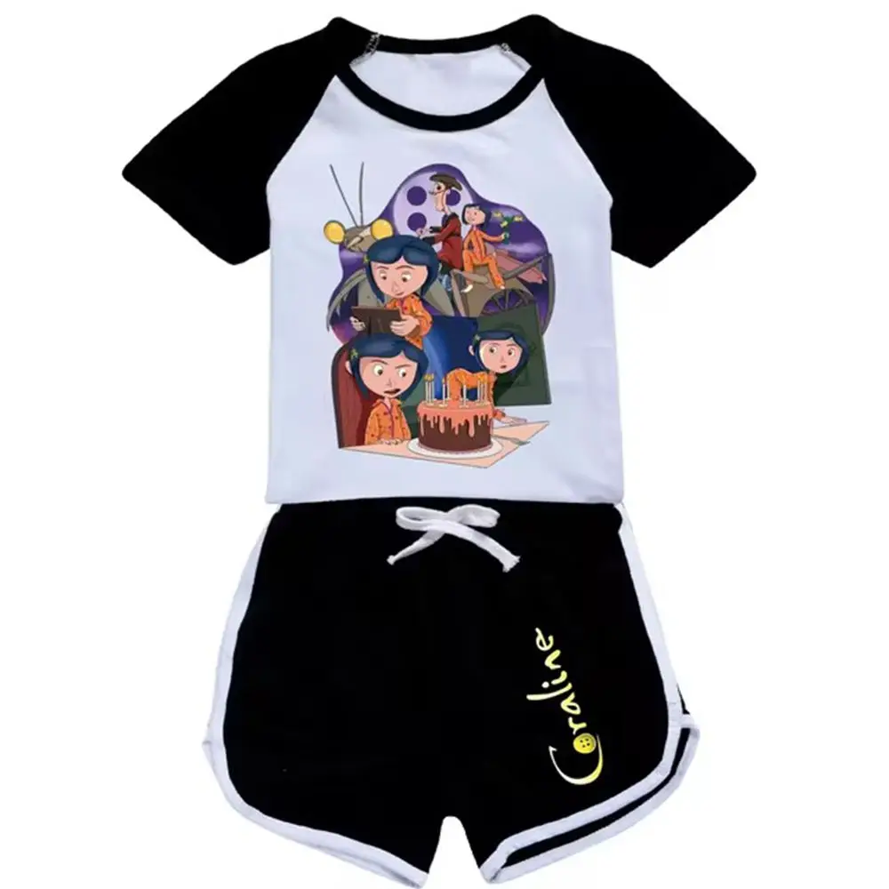 Movie Coraline T Shirt Kids Summer T-shirt Shorts 2pcs Suit for Baby Girls Short Sleeve Outifts Boys Clothes Set Kids Sportswear