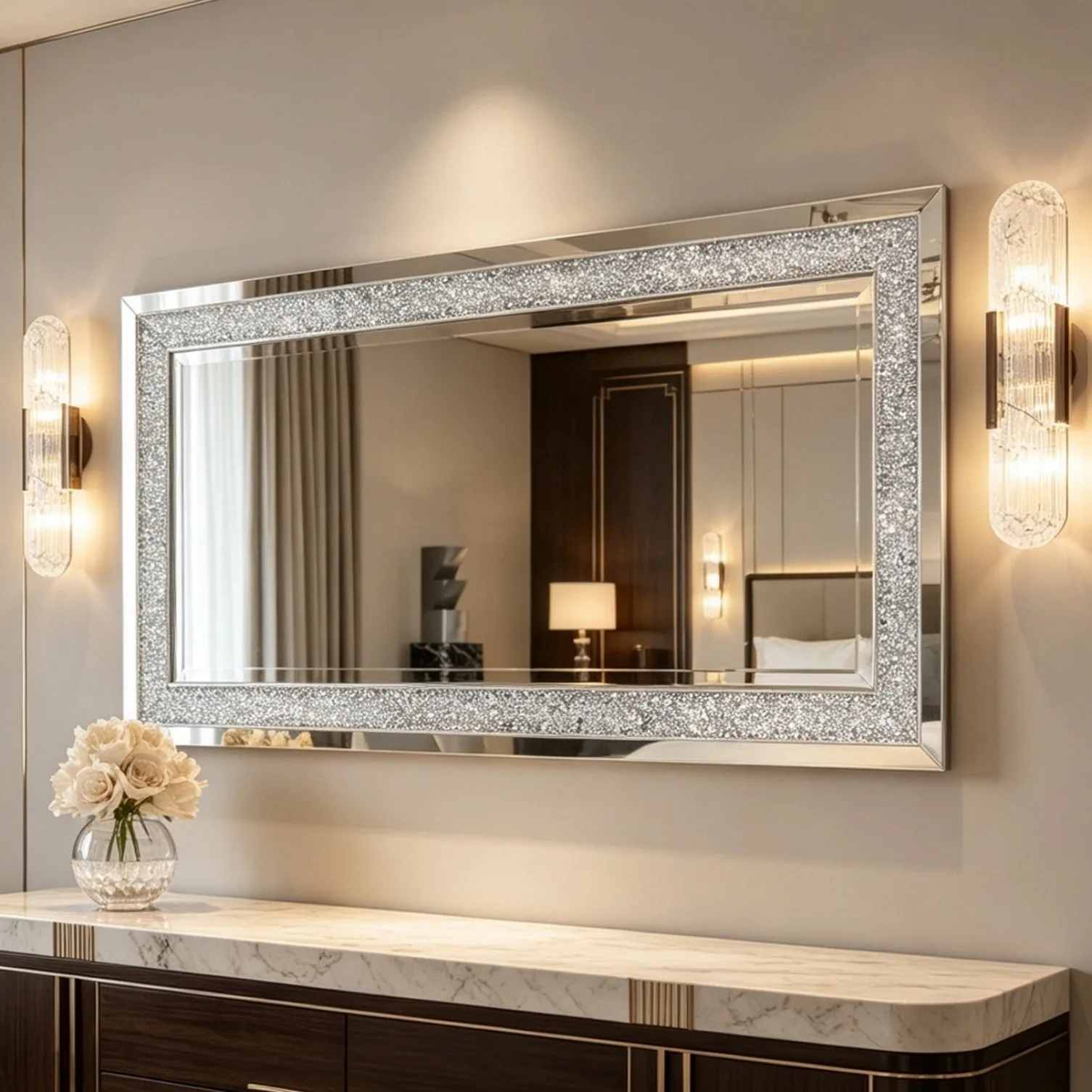 Large Decorative Wall Mirror 47.2 x 23.6 Inch Silver Crystal Rectangle Mirror Wall Mounted for Living Room Bedroom Entryway