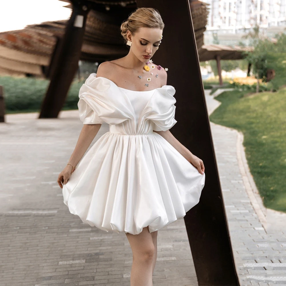 

Fashion Satin Wedding Dress Robe De Mariage Off The Shoulder Boat Neck Ruched Pleat Puff Back Zipper Simple Short Bridal Dresses