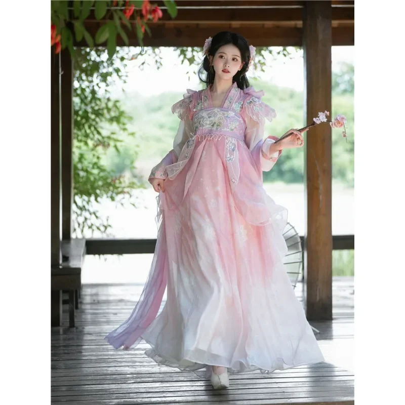 Chinese Traditional Floral Embroidery Pearl Tassel Decoration Princess Hanfu Dresses Female Original Pink Blue Prom Party Dress