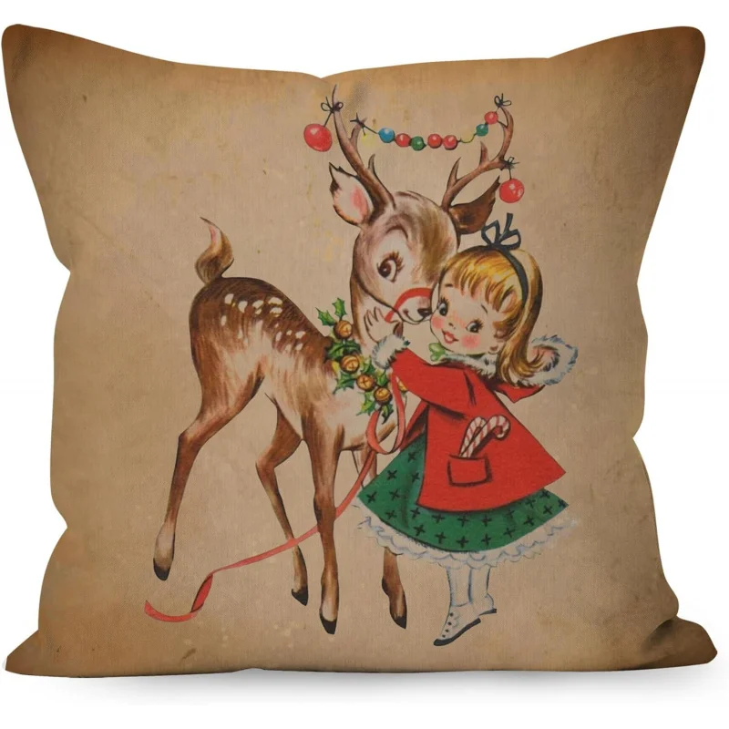 

Vintage Christmas Pillowcase 18x18 Vintage Reindeer Decorative Pillow Cover