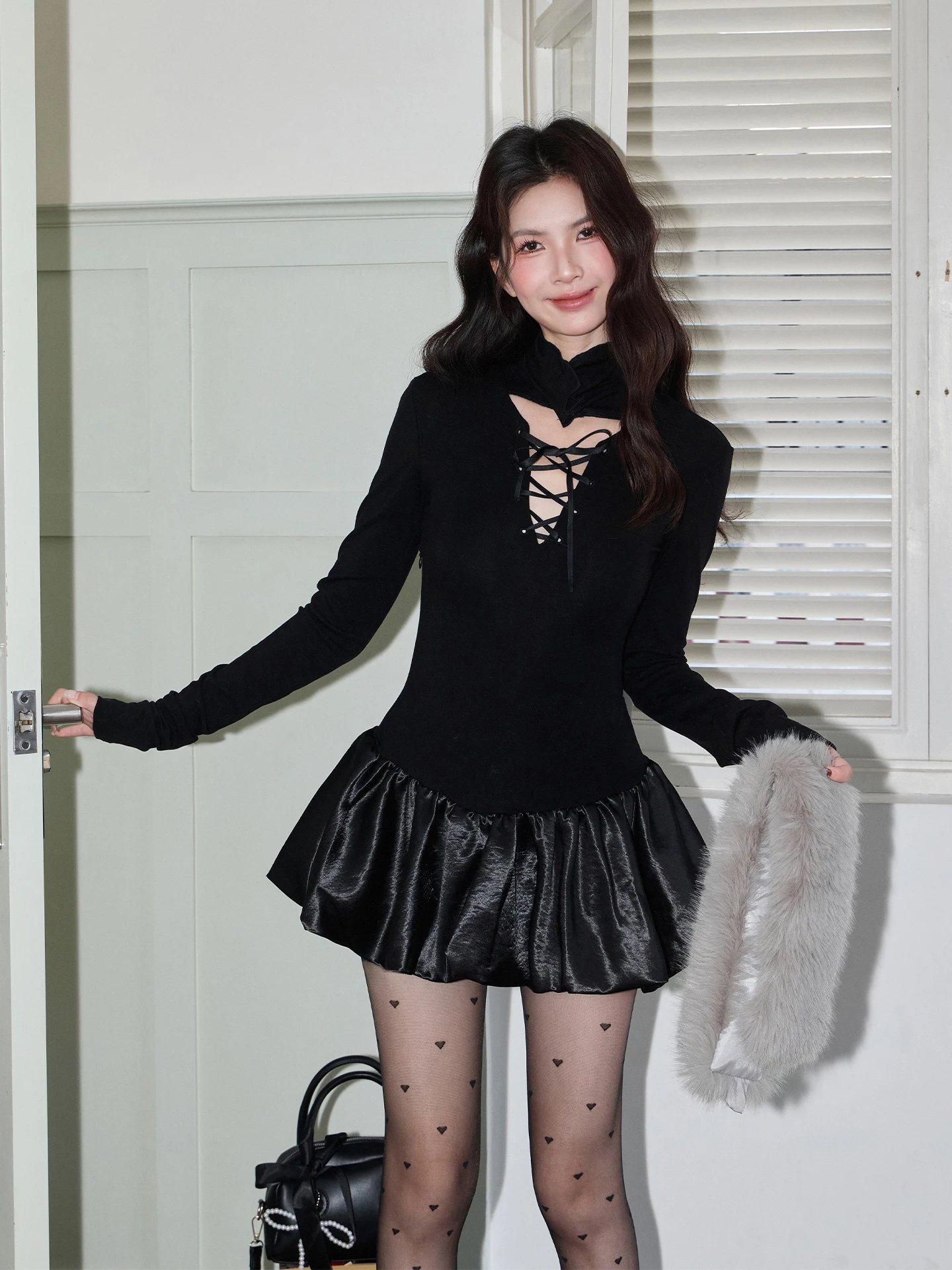 Gonna a trapezio originale retrò da donna White Little Fi, modello Dr Sweet Sle, effetto snellente, a balze, per autunno e inverno