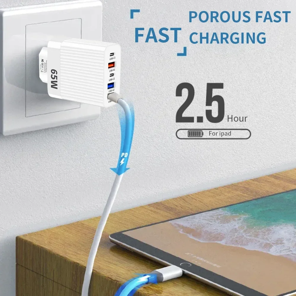 Chargeur rapide multi-ports USB Type C, adaptateur de charge de téléphone, iPhone, Samsung, Xiaomi, 5 ports, 65W, prise EU, US