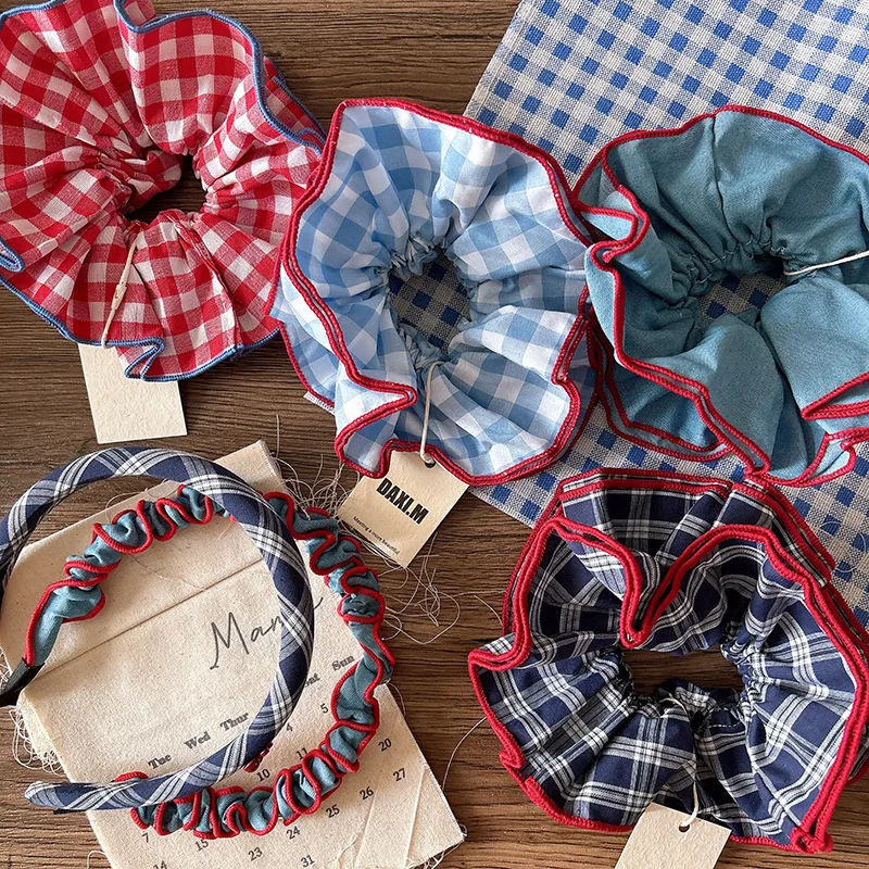 إكسسوار شعر كاواي كبير الحجم Scrunchie Tartan طبقة مزدوجة حامل ذيل حصان Preppy Chic بدون زلة للاستخدام اليومي للمراهقين