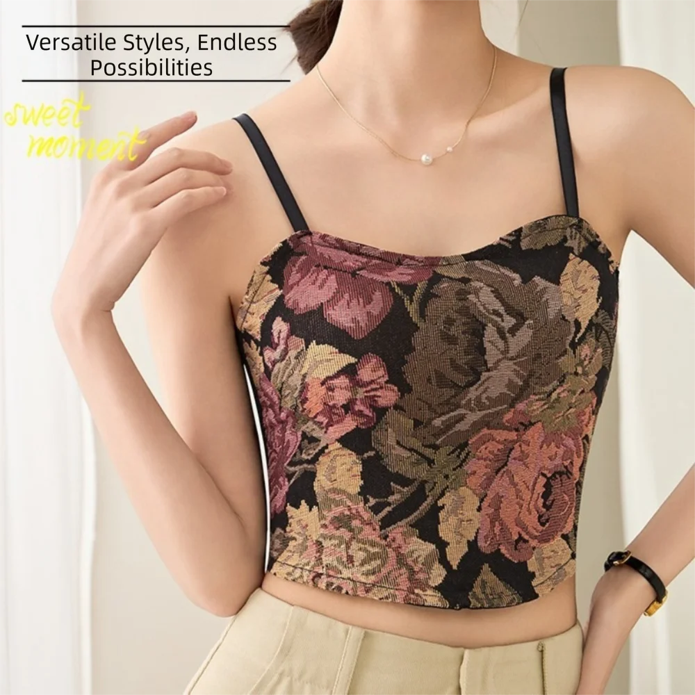 

Elegant Retro One-Piece Thin Vest Floral Embroidery with Chest Pad Short Top Sleeveless Tank Top Summer
