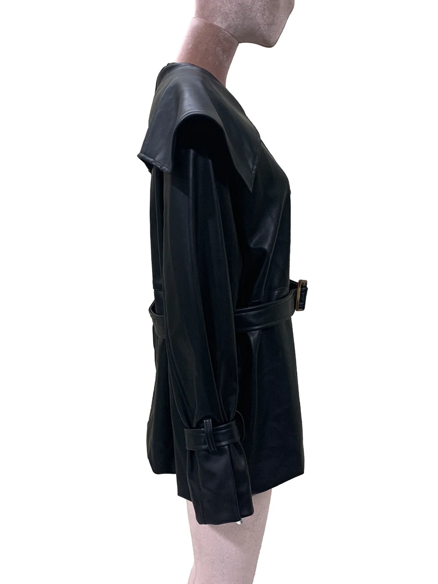 Primavera otoño abrigo de cuero Pu negro mujer cuello Peter Pan cinturón de manga larga un solo pecho elegante ropa de diseñador de lujo 2025