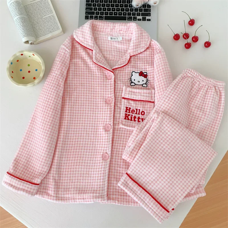 Hello Kitty pajamas new winter cotton two-piece suit women's clothing coral fleece Sanrio loungewear Hello Kitty women's pajamas