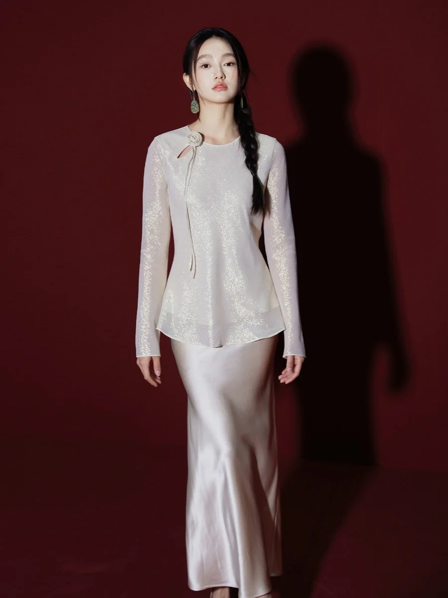 

Handmade Silk Rose Tassel Side-Cut Top Gold Leather True Silk Handmade Flowing Rose Asymmetrical Hemline Women's irt