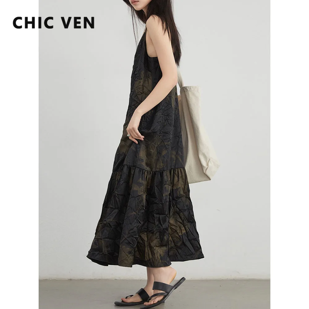

CHIC VEN Women Dresses Retro A-Line Loose Satin Camisole V-Neck Wrinkles Dress Female Clothing Spring Summer New 2025