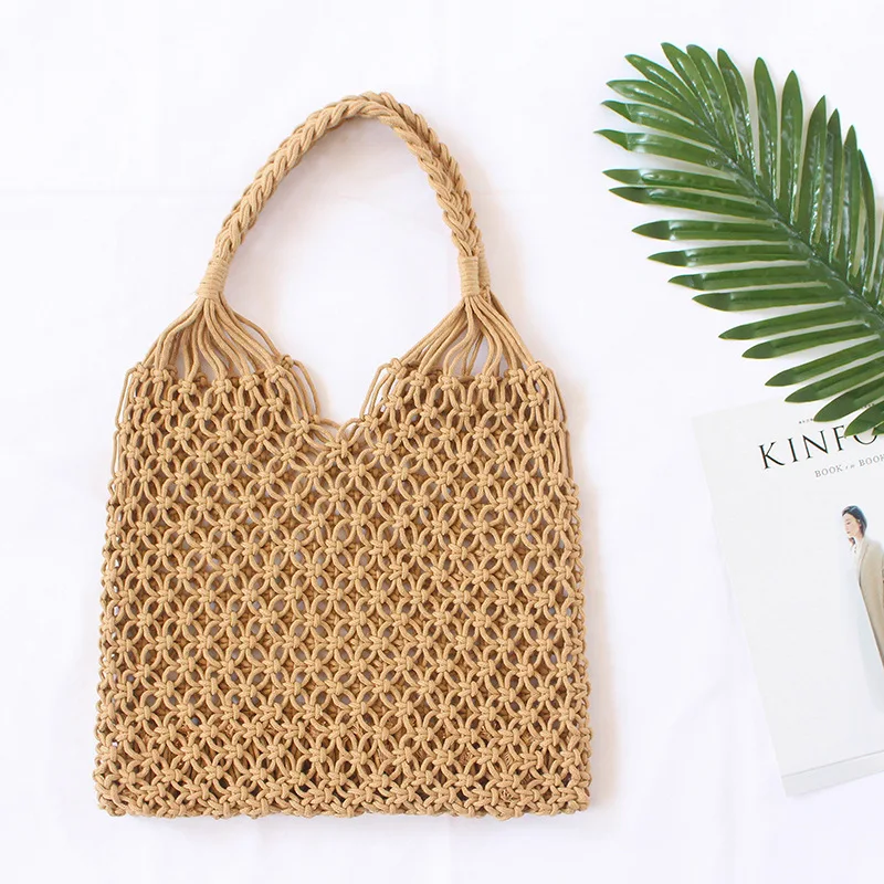 Women Boho Summer Woven Beach Bag Handmade Hollow Out Straw Bag Macrame Tote Girls Cotton Rope Crochet Handbags for Travel