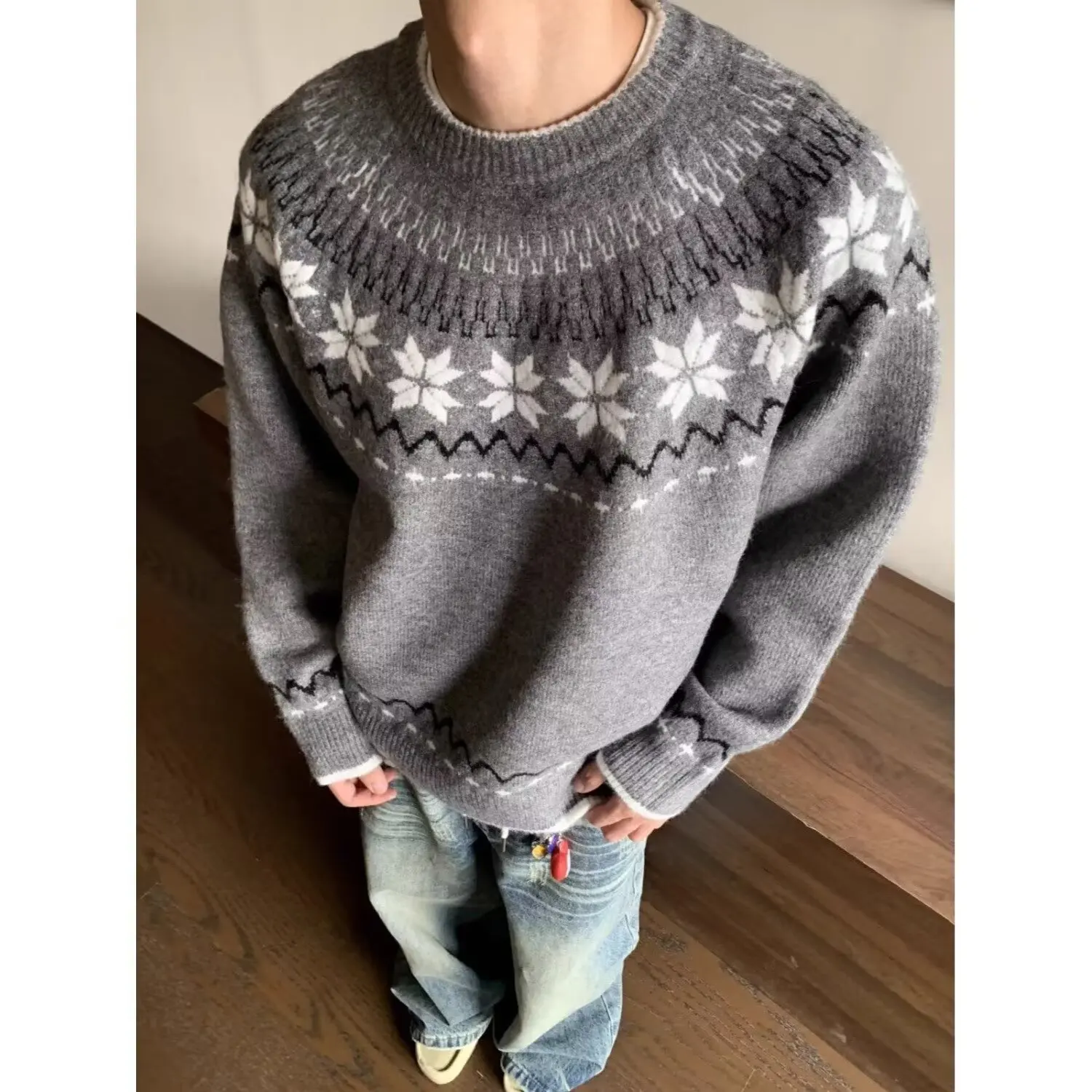 

American Sle Fair Isle Knit round Ne Sweater Loose Fit Overhead Men's Autumn Winter Polyester Fiber Soft Warm Top