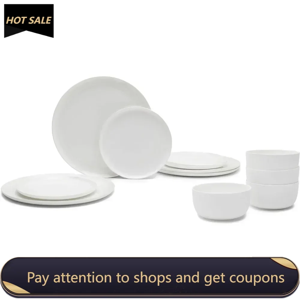 Plates Dinner Sets Full Set Ceramic Plates 12-Piece Dinnerware Set for 4 | Base Tableware By Piet Boon | 4 Small White Porcelain