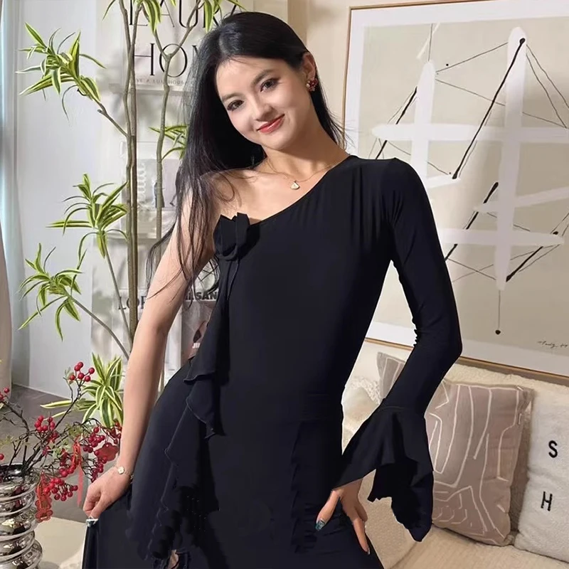 

Women Ballroom Dance Tops Black Slanted Shoulder Long Sleeved Dancing Bodysuit Adult Samba Rumba Modern Dance Bodysuit XH2844