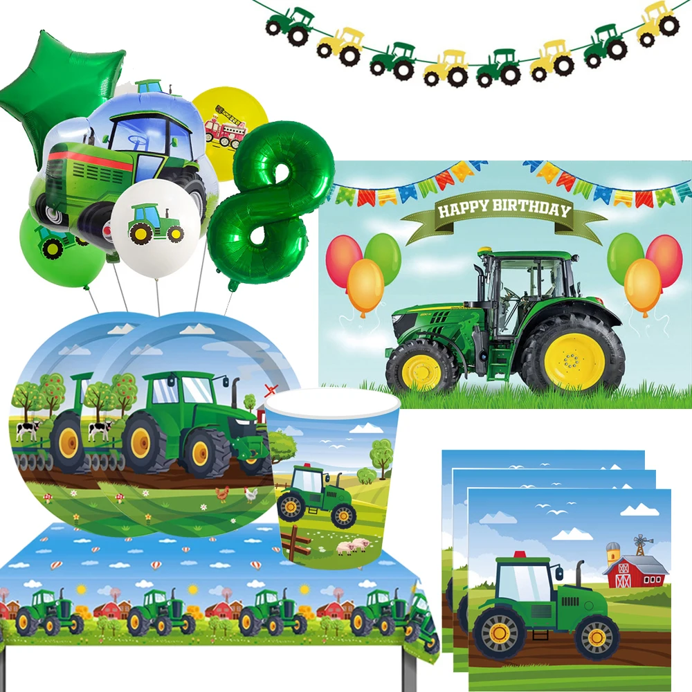 Green Tractor Party Supplies Disposable Tableware Cup Plate napkin Tablecloth Truck Vehicle Excavator Kids Birthday Party Decor