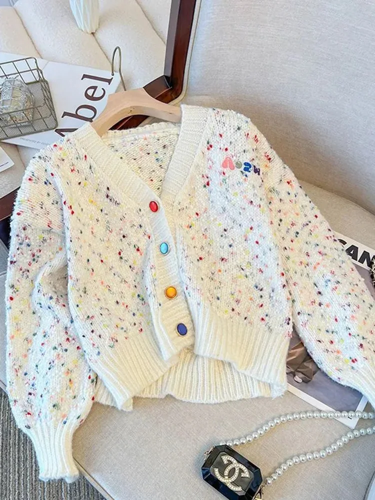 Jmprs Chic Rainbow Dot Cardigan Sweaters Women Sweet Fashion Long Sleeve Korean Knitted Coat Casual Lazy Wind Loose V Neck Tops