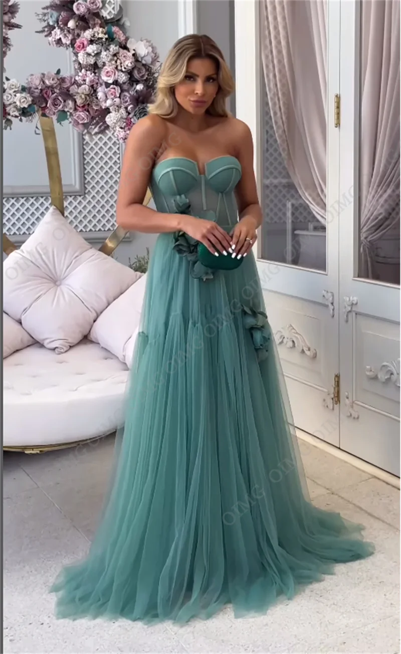 OIMG Dusty Green Long Evening Dress 3D Flowers Sleeveless Sweetheart Prom Gowns 2023 Wedding Party Dress vestidos de novia