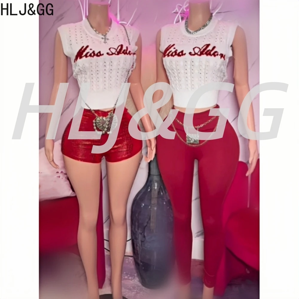 HLJ&GG Fashion Letter Knit Tank Top Two Piece Sets Women Round Neck Sleeveless Crop Top And Shorts Outfits Y2K Female Streetwear