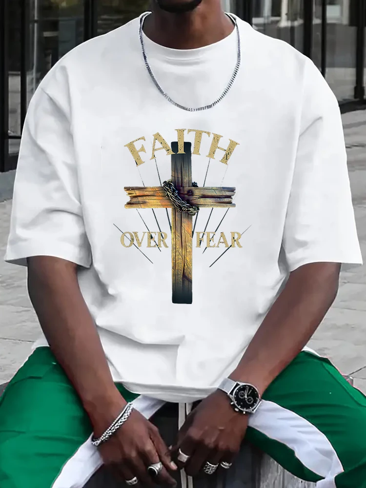 Cross Religious Men's T-Shirt Christ Faithful God Tee Short Sleeve Tees Loose Man Tops New Men T shirt Cotton Print Tee Tops