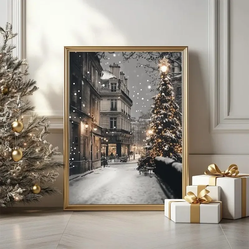1pc Canvas Painting frameless Parisian Snowy Christmas Night Art Print, Elegant Winter Home Decor, European Festive City Scene W